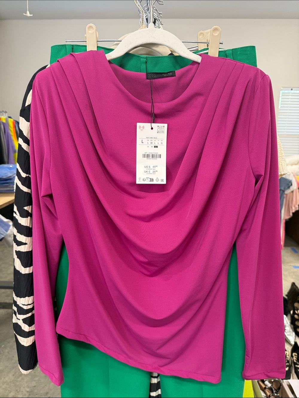 Zara Fuchsia Draped Long-Sleeve Blouse
